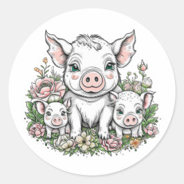 Cute Mamma och Piglets i Blommor Runt Klistermärke