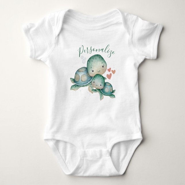 Cute Mamma Sea Turtle Grönt Personalize T Shirt (Framsida)