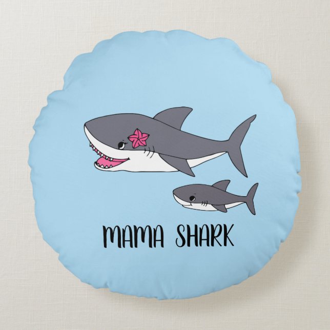 Cute Mamma Shark och Baby Shark Rund Kudde (Framsidan)