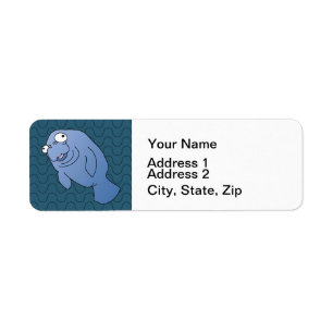 Cute Manatee Kramare Tecknad Animal Returadress Etikett