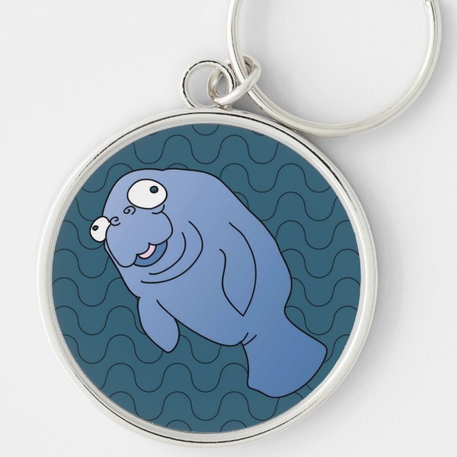 Cute Manatee Kramare Tecknad Animal Rund Silverfärgad Nyckelring (Framsidan)