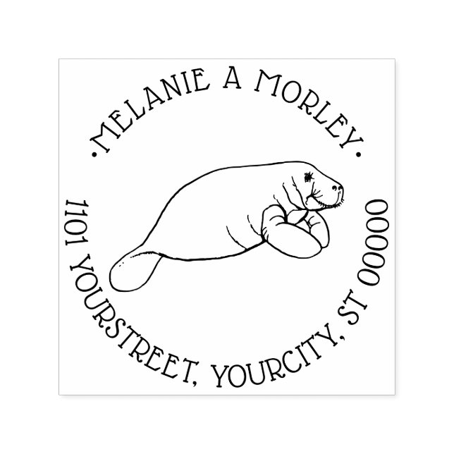 Cute ManateSea Cow Round Namn Returadress Självfärgande Stämpel (Design)