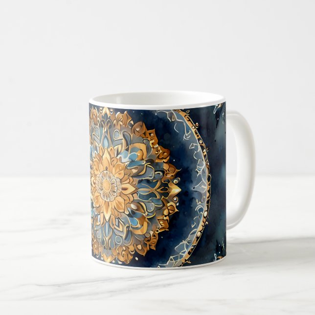 Cute Mandala-design i blått med Guld och Silver Kaffemugg (Framsida höger)
