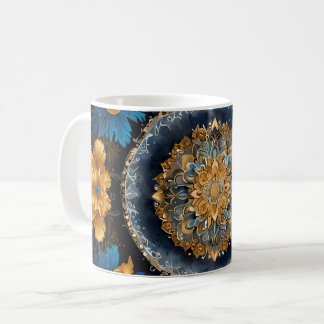 Cute Mandala Design på blå bakgrund med Guld Kaffemugg