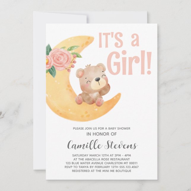 Cute Måne Bear Baby Shower Girl Inbjudningar (Framsida)