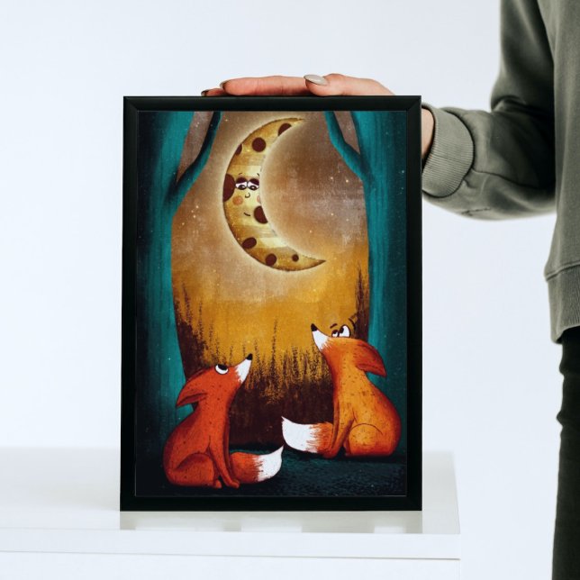 Cute Måne Nght Forest Foxes Nature Kids Nursery Poster (Skapare uppladdad)