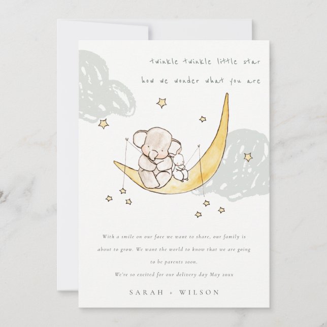 Cute Måne Stars Elephant Bunny Baby-meddelande Tack Kort (Framsida)