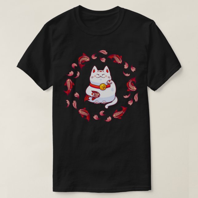 Cute Maneki Neko Lucky Cat with Koi Fish  T Shirt (Design framsida)