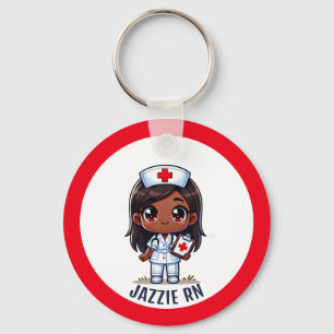 Cute Manga Black Nurse Brunette Caricature Anpassn Nyckelring