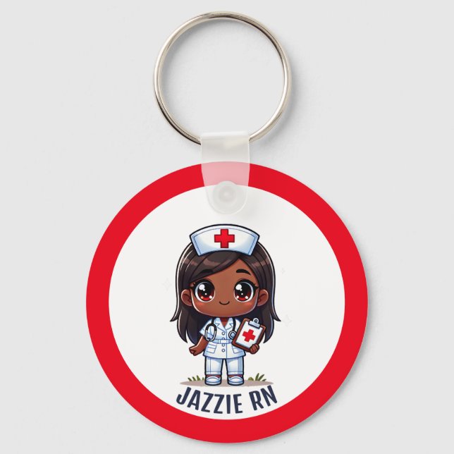 Cute Manga Black Nurse Brunette Caricature Anpassn Nyckelring (Framsida)