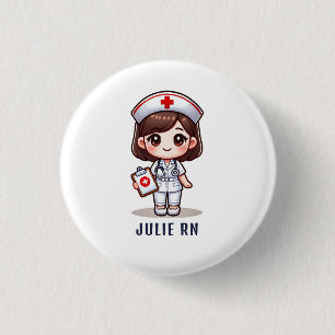 Cute Manga Brunette Nurse Caricature Personlig Knapp