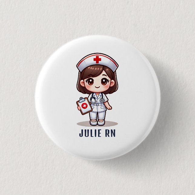 Cute Manga Brunette Nurse Caricature Personlig Knapp (Framsida)