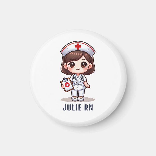 Cute Manga Brunette Nurse Caricature Personlig Magnet (Framsidan)