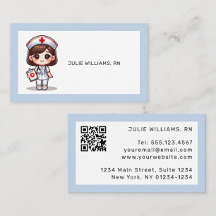 Cute Manga Nurse Brown Hair Brown Öga Blue QR-kod Visitkort