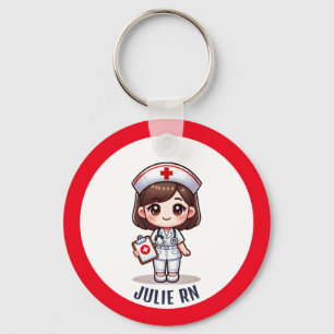 Cute Manga Nurse Brunette Caricature Anpassningsba Nyckelring