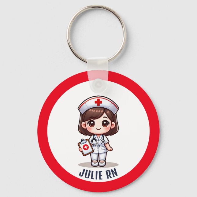Cute Manga Nurse Brunette Caricature Anpassningsba Nyckelring (Framsida)