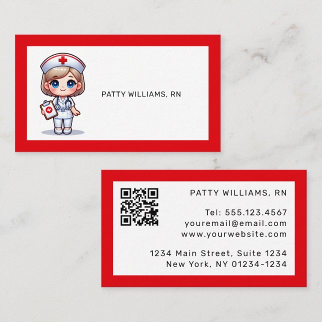 Cute Manga Nurse med Blonde Hair QR-kod Visitkort (Fram/baksida)
