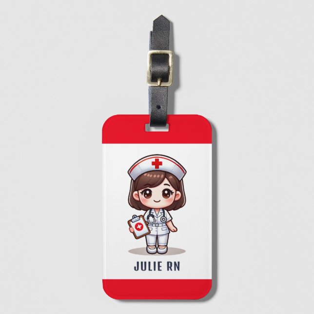 Cute Manga Nurse med Brown Hair Brown Ögon Anpassn Bagagebricka (Framsida vertikal)