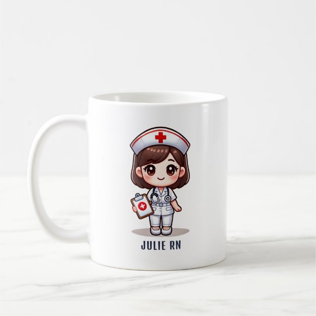Cute Manga Nurse med Brown Hair Brown Ögon Anpassn Kaffemugg (Vänster)