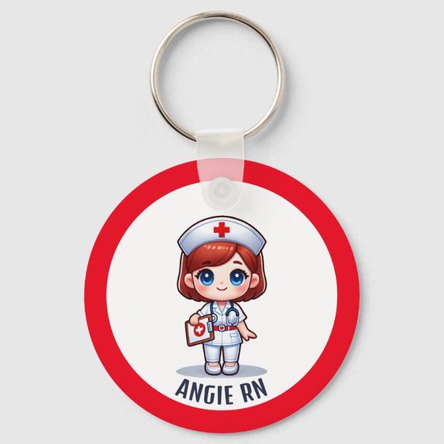 Cute Manga Nurse Rödhårig Caricature Anpassningsba Nyckelring (Framsida)