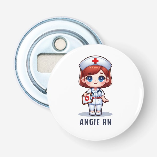 Cute Manga Rödhårig Nurse Caricature Personlig Flasköppnare (Framsidan)