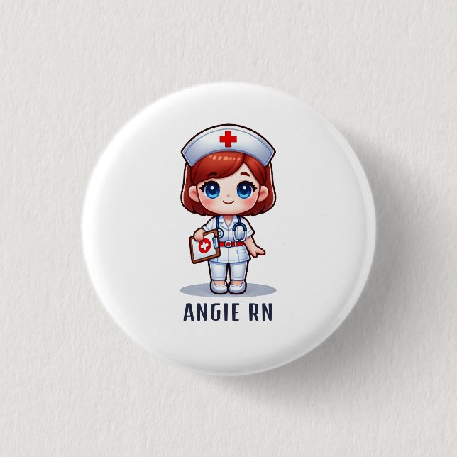 Cute Manga Rödhårig Nurse Caricature Personlig Knapp (Framsida)