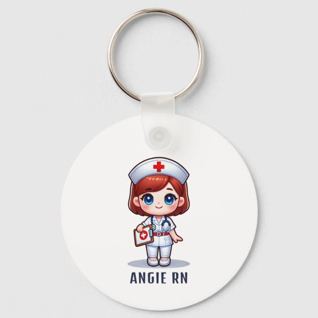 Cute Manga Rödhårig Nurse Caricature Personlig Nyckelring (Framsida)