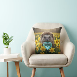 Cute March Hedgehog with Aquamarine Heart Kudde