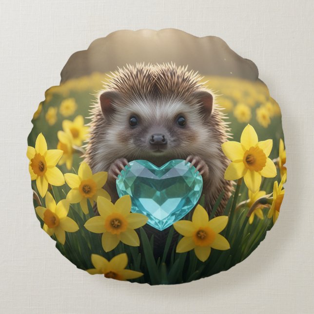 Cute March Hedgehog with Aquamarine Heart Rund Kudde (Framsidan)