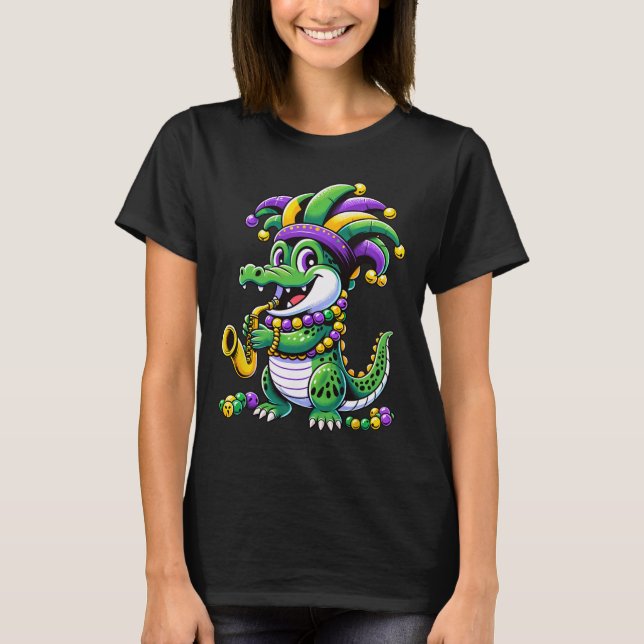 Cute Mardi Gras Alligator Jester Hat Carnival Para T Shirt (Framsida)