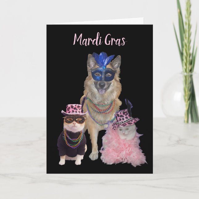 Cute Mardi Gras Hund and Cats Helgkort (Framsida)