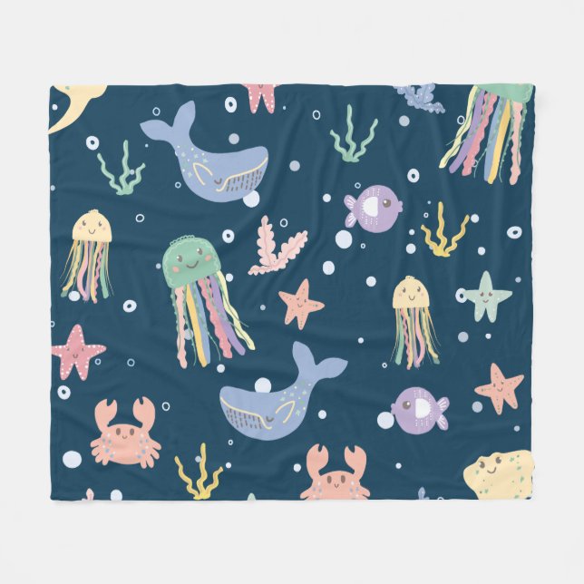 Cute Marine Life Seamless Mönster Fleecefilt (Framsidan (Horisontell))
