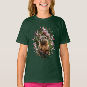 Cute Marmot med Rosa Rhododendron Background T Shirt