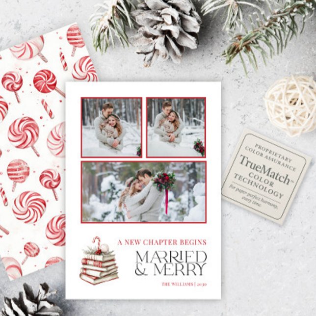 Cute Married & Merry Red Candy cane 3 Photo Julkort (Skapare uppladdad)