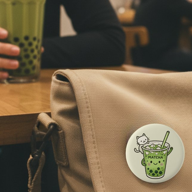 Cute Matcha Bubble Tea med Cat Kawaii Iced Drink Knapp (Skapare uppladdad)