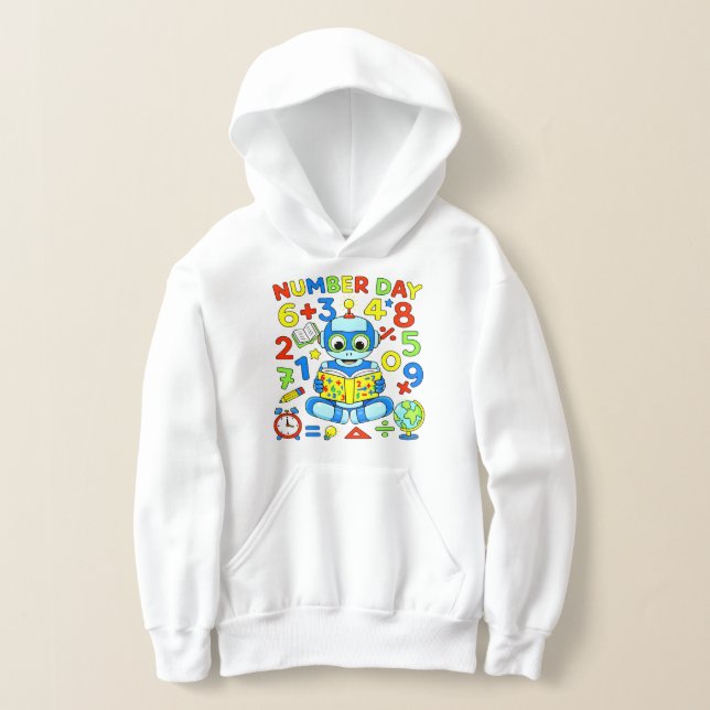 Cute Maths Numbers Robot Number Day Hoodie Kids T Shirt (Laydown)