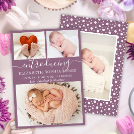Cute Mauve Girl Birth Announcement Photo Collage Meddelande