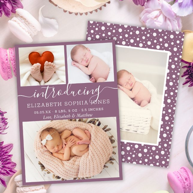 Cute Mauve Girl Birth Announcement Photo Collage Meddelande (Skapare uppladdad)