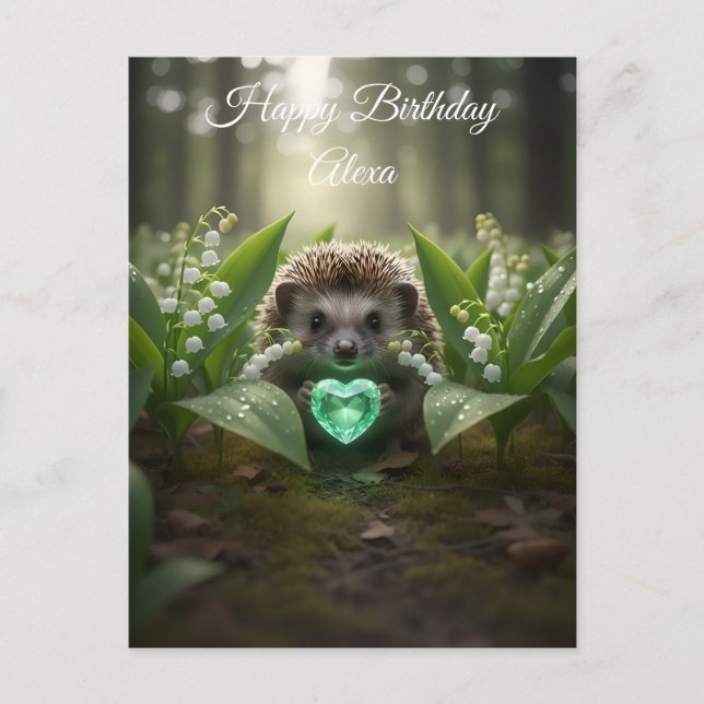 Cute May Hedgehog with Emerald Heart Vykort (Framsida)
