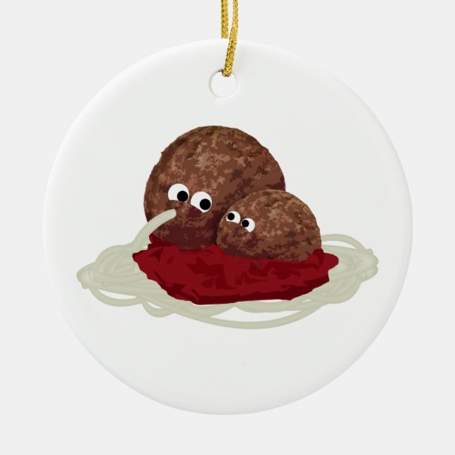 Cute Meatball Eating Spaghetti Julgransprydnad Keramik (Framsidan)