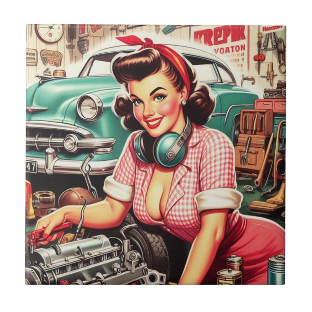 Cute Mechanic Pin-up Kakelplatta (Framsidan)