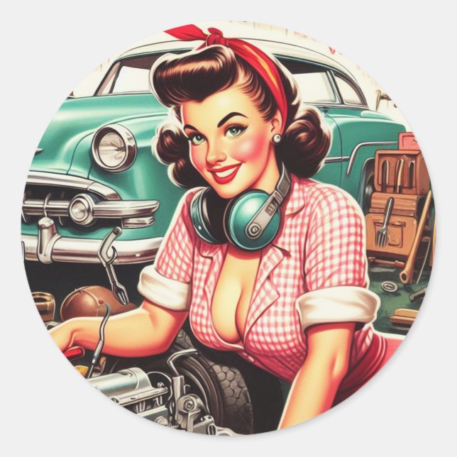 Cute Mechanic Pin-up Runt Klistermärke (Framsida)