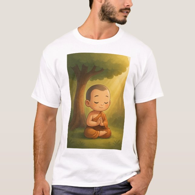 "Cute Meditating Munk Tecknad | Lugn Andlig Pos T Shirt (Framsida)