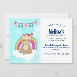 Cute Meditating Sloth med Regnbåge Birthday Inbjudningar