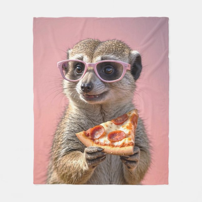 Cute Meerkat med glas och Pizza Fleecefilt (Framsidan)