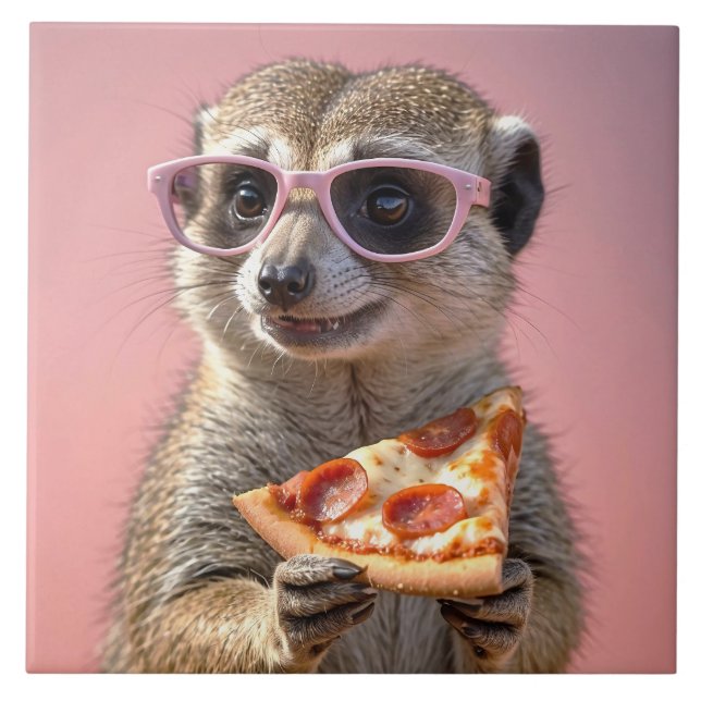 Cute Meerkat med glas och Pizza Kakelplatta (Framsidan)