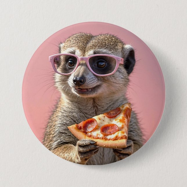 Cute Meerkat med glas och Pizza Knapp (Framsida)