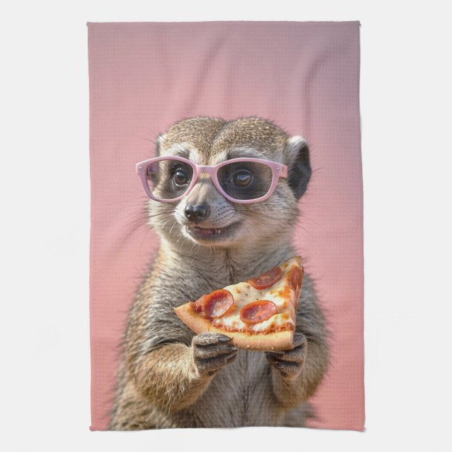 Cute Meerkat med glas och Pizza Kökshandduk (Vertikal)