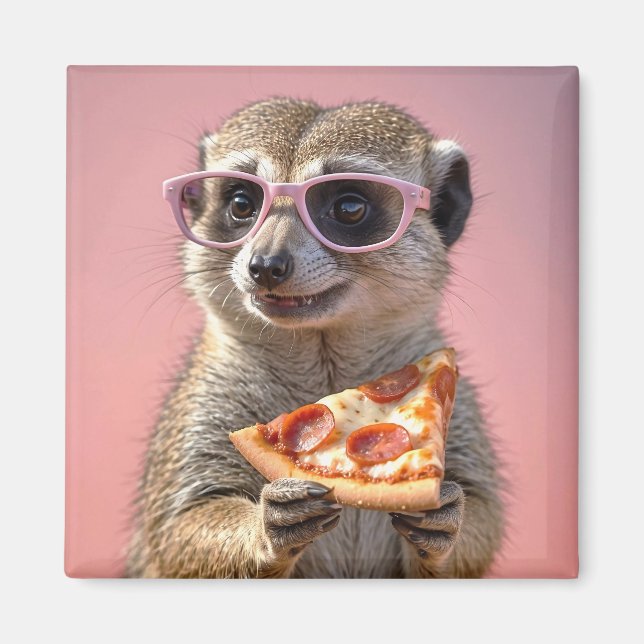 Cute Meerkat med glas och Pizza Magnet (Framsidan)