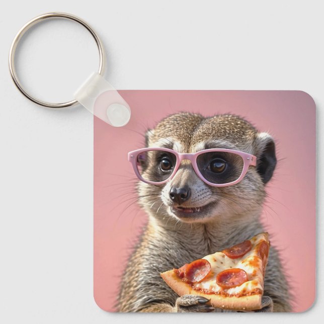 Cute Meerkat med glas och Pizza Nyckelring (Framsida)